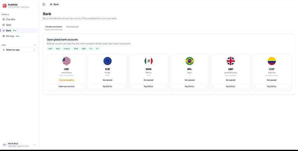 NodeRails bank accounts dashboard