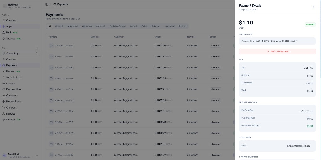 NodeRails payments dashboard