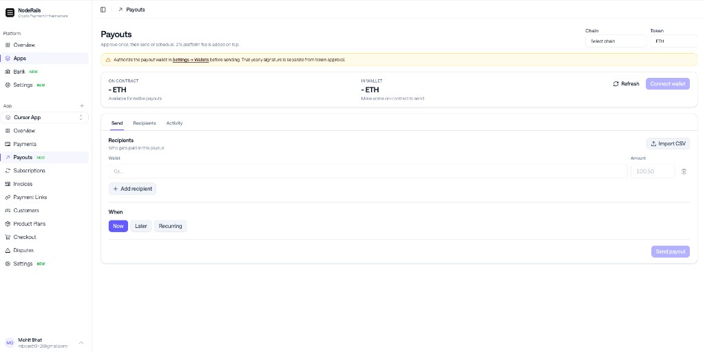 NodeRails payouts dashboard